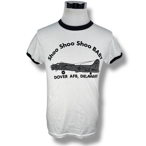 Vintage Champion Shoo Shoo Baby T-Shirt Mens Large 80s WW2 Airplane Ringer USA - Picture 1 of 8